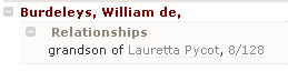 Example of expanded entry including 'relationships' for 'Williams de
          Burdeleys'.