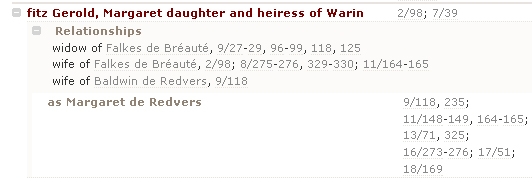 Person index entry for “Margaret, daughter of Warin fitz Gerold” showing her
          alternative name “Margaret de Redvers”.